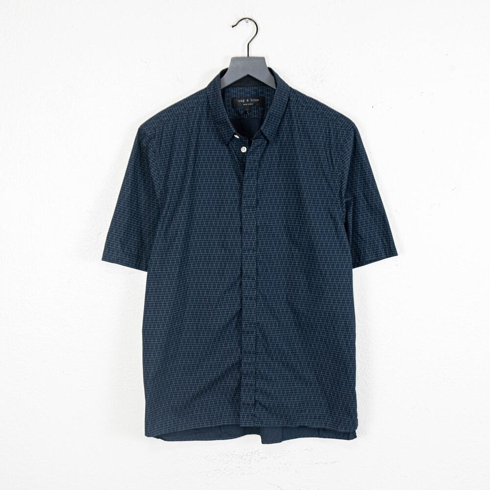 Rag & Bone NY Short Sleeve Button up Shirt Navy Geo Print size Large
